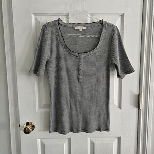 NWOT LOFT Striped Pointelle Henley Short Sleeve Top